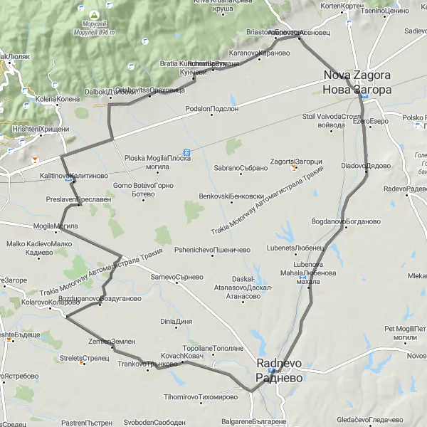 Map miniature of "Radnevo - Медвен - Dalboki - Nova Zagora Loop" cycling inspiration in Yugoiztochen, Bulgaria. Generated by Tarmacs.app cycling route planner