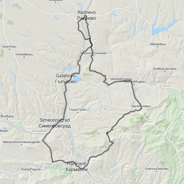 Map miniature of "Radnevo - Harmanli - Simeonovgrad - Galabovo Loop" cycling inspiration in Yugoiztochen, Bulgaria. Generated by Tarmacs.app cycling route planner