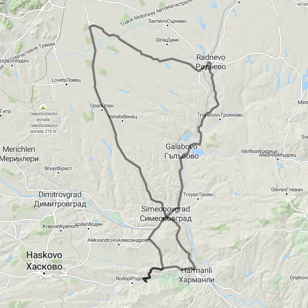 Map miniature of "Picturesque Road Cycling Route to Simeonovgrad" cycling inspiration in Yugoiztochen, Bulgaria. Generated by Tarmacs.app cycling route planner