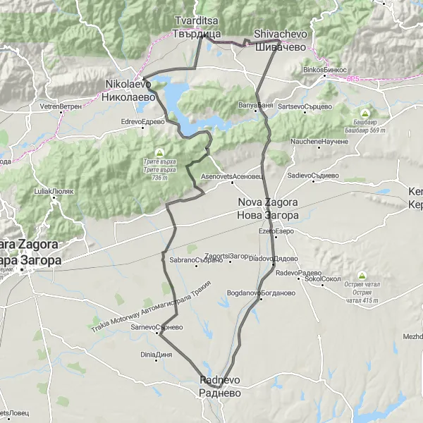 Map miniature of "Challenging Road Cycling Route from Radnevo" cycling inspiration in Yugoiztochen, Bulgaria. Generated by Tarmacs.app cycling route planner