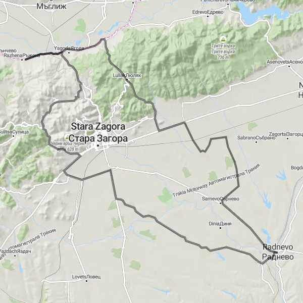 Map miniature of "Rural Road Cycling Tour from Radnevo" cycling inspiration in Yugoiztochen, Bulgaria. Generated by Tarmacs.app cycling route planner