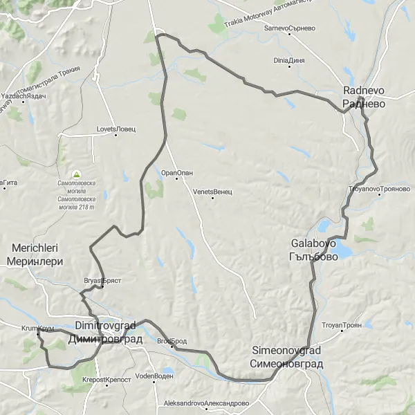 Map miniature of "Radnevo - Dobrich - Bryast - Аканджата Loop" cycling inspiration in Yugoiztochen, Bulgaria. Generated by Tarmacs.app cycling route planner