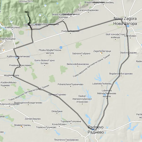 Map miniature of "Radnevo - Sarnevo - Kalitinovo - Катъртепе - Oriahovitsa - Nova Zagora Loop" cycling inspiration in Yugoiztochen, Bulgaria. Generated by Tarmacs.app cycling route planner