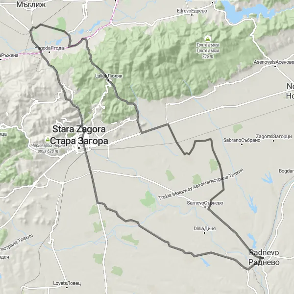 Map miniature of "Radnevo - Stara Zagora - Панорама - Аладжийски рид - Черешата - Медвен Loop" cycling inspiration in Yugoiztochen, Bulgaria. Generated by Tarmacs.app cycling route planner