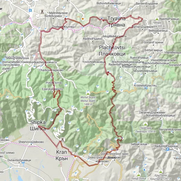 Map miniature of "Shipka Mountain Loop" cycling inspiration in Yugoiztochen, Bulgaria. Generated by Tarmacs.app cycling route planner