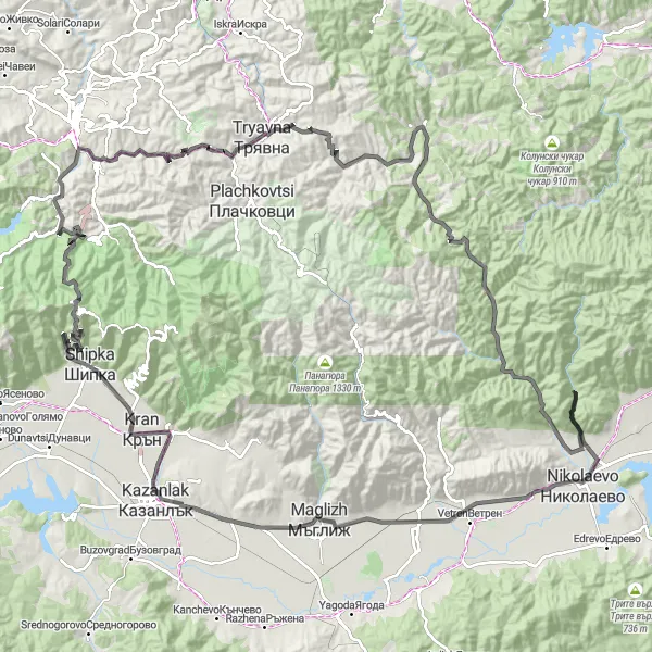 Map miniature of "Shipka Circuit" cycling inspiration in Yugoiztochen, Bulgaria. Generated by Tarmacs.app cycling route planner