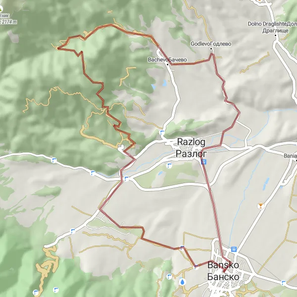 Map miniature of "Bansko - Razlog Adventure" cycling inspiration in Yugozapaden, Bulgaria. Generated by Tarmacs.app cycling route planner