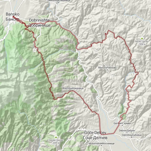 Map miniature of "Dobrinishte Gravel Adventure" cycling inspiration in Yugozapaden, Bulgaria. Generated by Tarmacs.app cycling route planner