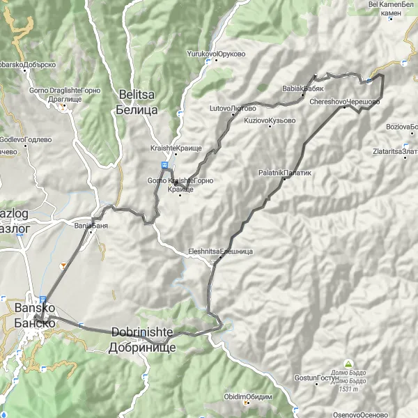 Map miniature of "Bansko to Chalet Asevi" cycling inspiration in Yugozapaden, Bulgaria. Generated by Tarmacs.app cycling route planner