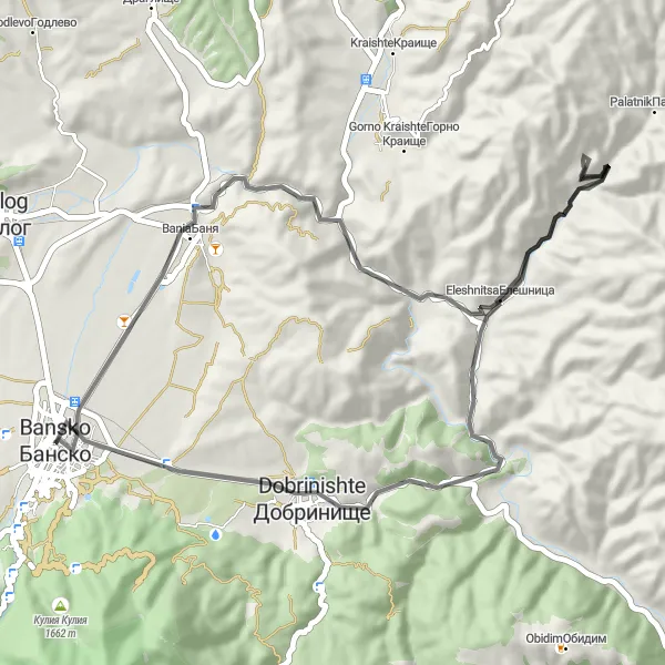 Map miniature of "Bansko to Dobrinishte Loop" cycling inspiration in Yugozapaden, Bulgaria. Generated by Tarmacs.app cycling route planner