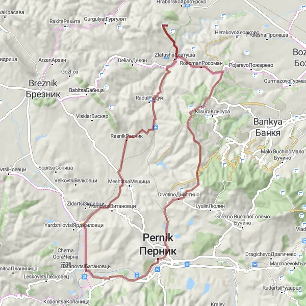 Map miniature of "Batanovtsi Gravel Loop" cycling inspiration in Yugozapaden, Bulgaria. Generated by Tarmacs.app cycling route planner