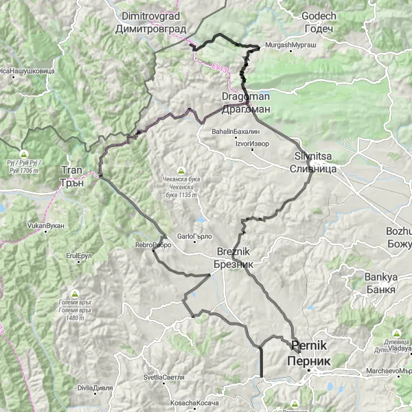 Map miniature of "The Legendary Road Adventure" cycling inspiration in Yugozapaden, Bulgaria. Generated by Tarmacs.app cycling route planner