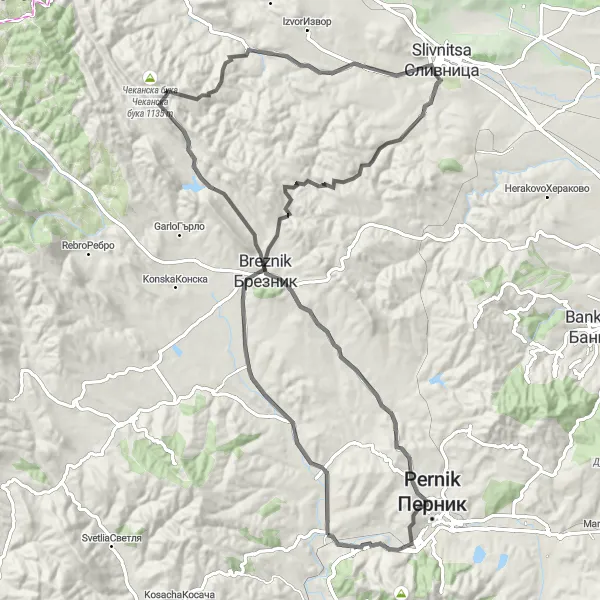 Map miniature of "Picturesque Road Cycling Loop" cycling inspiration in Yugozapaden, Bulgaria. Generated by Tarmacs.app cycling route planner