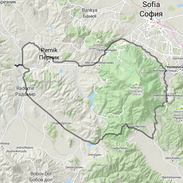 Map miniature of "Scenic Road Cycling Expedition" cycling inspiration in Yugozapaden, Bulgaria. Generated by Tarmacs.app cycling route planner