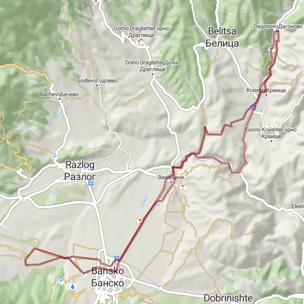 Map miniature of "The Kraishte Gravel Adventure" cycling inspiration in Yugozapaden, Bulgaria. Generated by Tarmacs.app cycling route planner