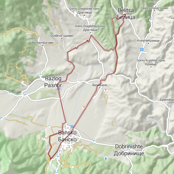 Map miniature of "Razlog Valley Gravel Ride" cycling inspiration in Yugozapaden, Bulgaria. Generated by Tarmacs.app cycling route planner