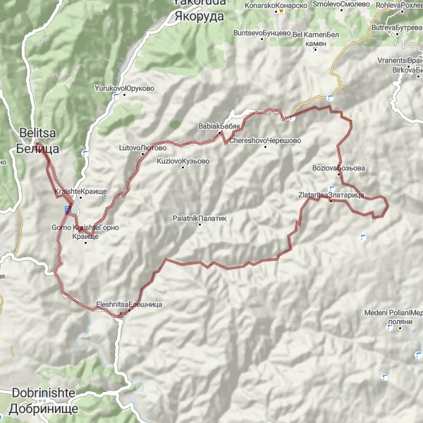 Map miniature of "Off the Beaten Path" cycling inspiration in Yugozapaden, Bulgaria. Generated by Tarmacs.app cycling route planner