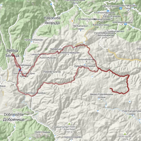 Map miniature of "Belitsa Gravel Adventure" cycling inspiration in Yugozapaden, Bulgaria. Generated by Tarmacs.app cycling route planner