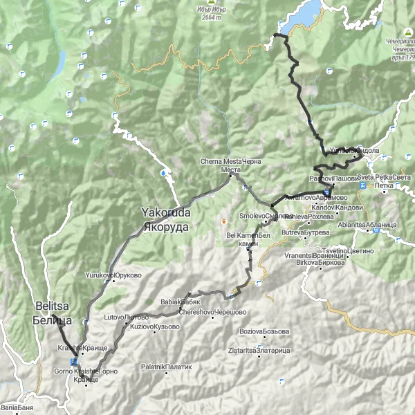 Map miniature of "The Kraishte Adventure" cycling inspiration in Yugozapaden, Bulgaria. Generated by Tarmacs.app cycling route planner