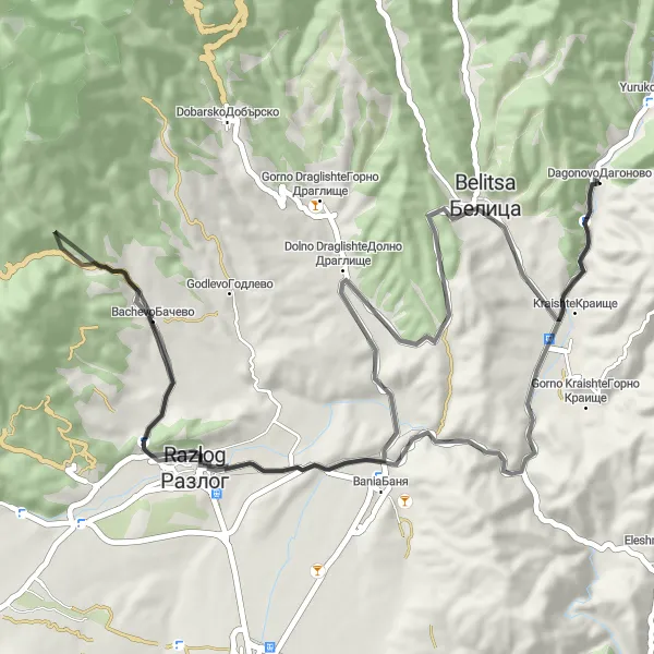 Map miniature of "Belitsa Countryside Loop" cycling inspiration in Yugozapaden, Bulgaria. Generated by Tarmacs.app cycling route planner