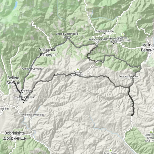 Map miniature of "The Ultimate Challenge" cycling inspiration in Yugozapaden, Bulgaria. Generated by Tarmacs.app cycling route planner