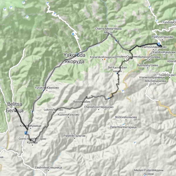 Map miniature of "Yakoruda Road Loop" cycling inspiration in Yugozapaden, Bulgaria. Generated by Tarmacs.app cycling route planner