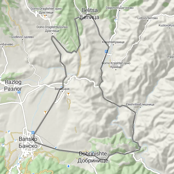 Map miniature of "Belitsa to Kraishte route" cycling inspiration in Yugozapaden, Bulgaria. Generated by Tarmacs.app cycling route planner