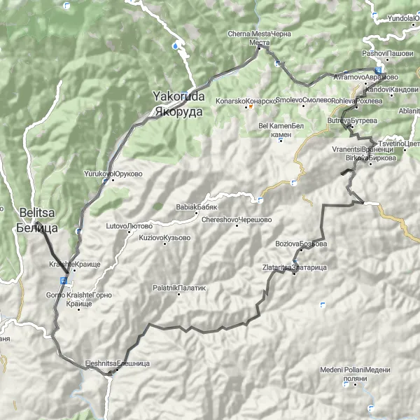 Map miniature of "Exploring the Rhodope Mountains" cycling inspiration in Yugozapaden, Bulgaria. Generated by Tarmacs.app cycling route planner