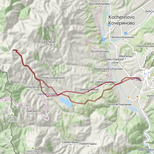 Map miniature of "Blagoevgrad Gravel Adventure" cycling inspiration in Yugozapaden, Bulgaria. Generated by Tarmacs.app cycling route planner