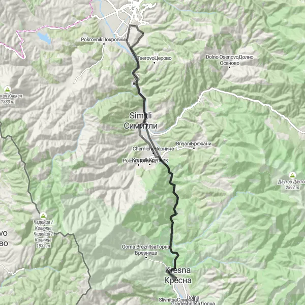 Map miniature of "The Path to Kresna" cycling inspiration in Yugozapaden, Bulgaria. Generated by Tarmacs.app cycling route planner