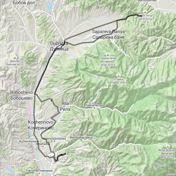 Map miniature of "The Chukite Route" cycling inspiration in Yugozapaden, Bulgaria. Generated by Tarmacs.app cycling route planner