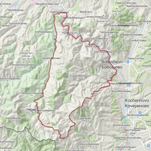 Map miniature of "Exciting Gravel Cycling Route from Boboshevo to Skrino" cycling inspiration in Yugozapaden, Bulgaria. Generated by Tarmacs.app cycling route planner