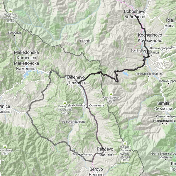 Map miniature of "Boboshevo Hill Climbing" cycling inspiration in Yugozapaden, Bulgaria. Generated by Tarmacs.app cycling route planner