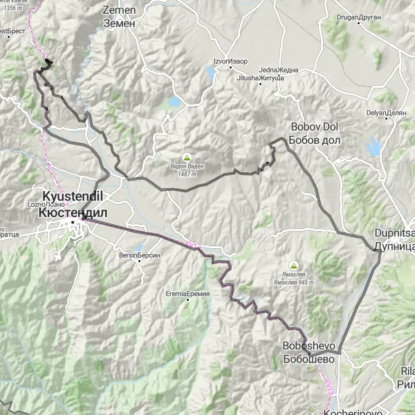 Map miniature of "Road Cycling Adventure near Boboshevo" cycling inspiration in Yugozapaden, Bulgaria. Generated by Tarmacs.app cycling route planner