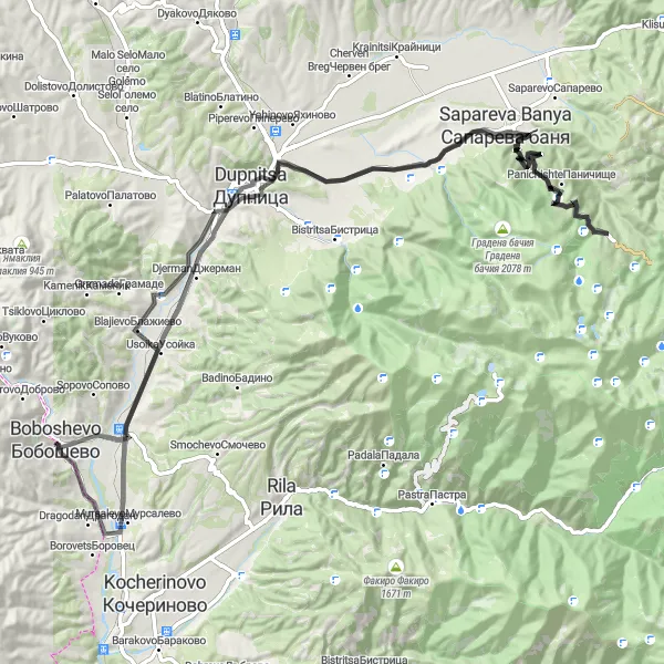 Map miniature of "Scenic Road Cycling Route from Boboshevo to Mursalevo" cycling inspiration in Yugozapaden, Bulgaria. Generated by Tarmacs.app cycling route planner