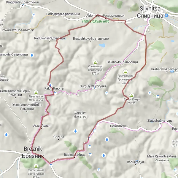 Map miniature of "Breznik Gravel Loop" cycling inspiration in Yugozapaden, Bulgaria. Generated by Tarmacs.app cycling route planner