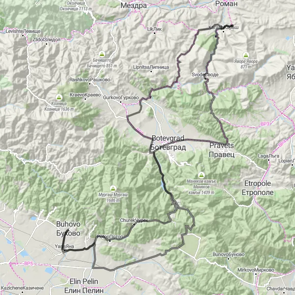 Map miniature of "Buhovo to Ostrovitsa Adventure" cycling inspiration in Yugozapaden, Bulgaria. Generated by Tarmacs.app cycling route planner