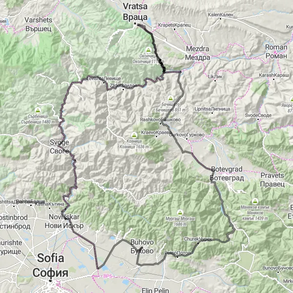 Map miniature of "Buhovo - A Thrilling Road Cycling Experience" cycling inspiration in Yugozapaden, Bulgaria. Generated by Tarmacs.app cycling route planner