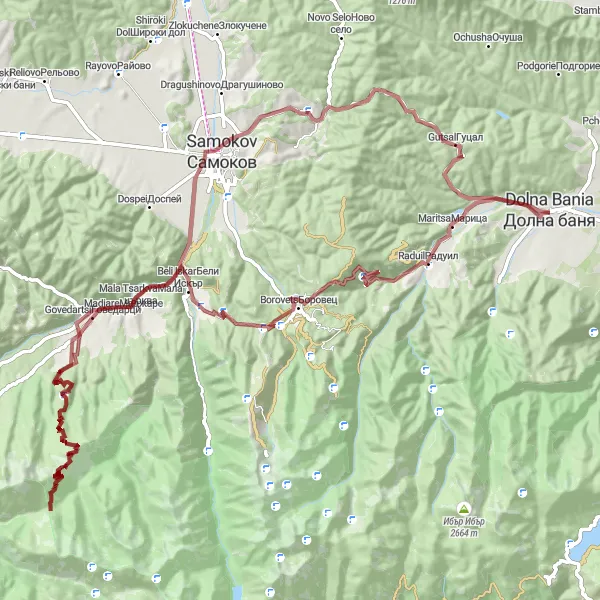 Map miniature of "Rila National Park Gravel Adventure" cycling inspiration in Yugozapaden, Bulgaria. Generated by Tarmacs.app cycling route planner