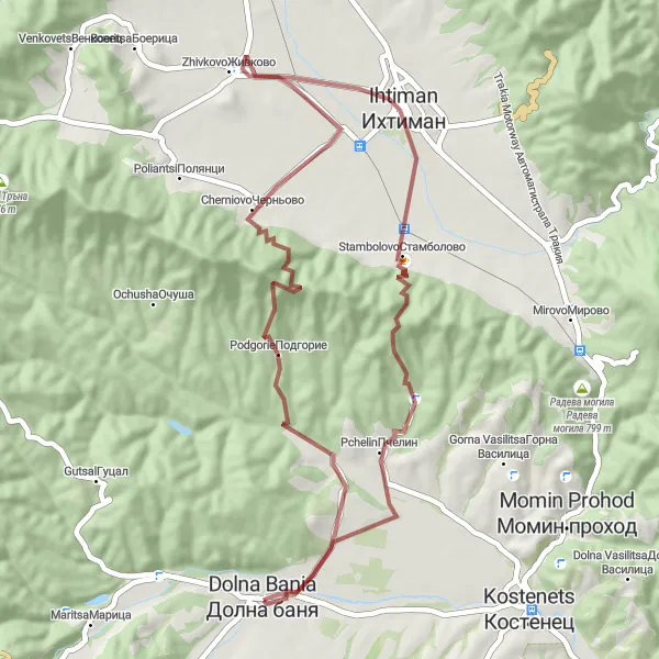 Map miniature of "Dolna Banya Gravel Adventure" cycling inspiration in Yugozapaden, Bulgaria. Generated by Tarmacs.app cycling route planner