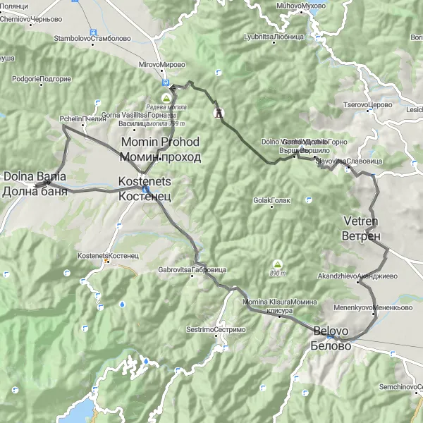 Map miniature of "Momin Prohod and Slavovitsa Road Loop" cycling inspiration in Yugozapaden, Bulgaria. Generated by Tarmacs.app cycling route planner