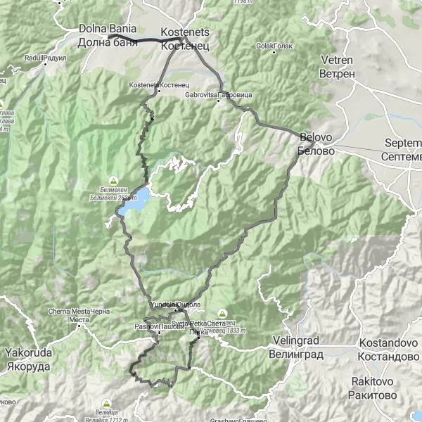 Map miniature of "Varna to Sofia Cycling Adventure" cycling inspiration in Yugozapaden, Bulgaria. Generated by Tarmacs.app cycling route planner