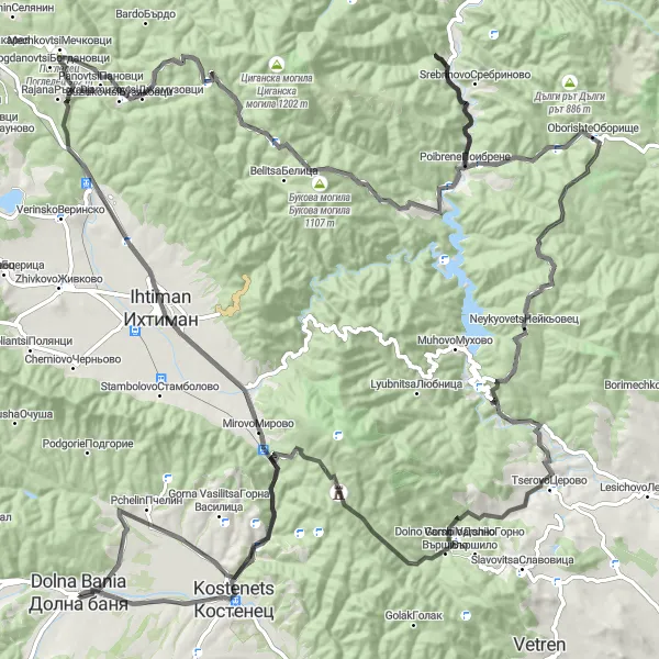 Map miniature of "The Mountainous Adventure" cycling inspiration in Yugozapaden, Bulgaria. Generated by Tarmacs.app cycling route planner