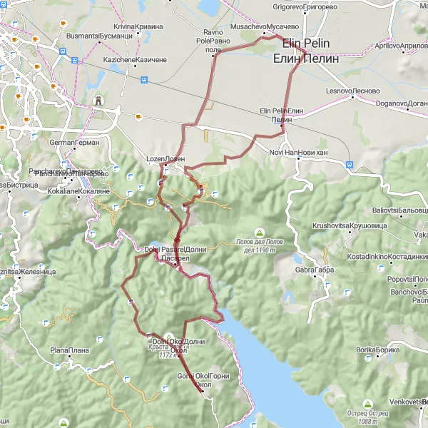 Map miniature of "Gravel Adventure near Elin Pelin" cycling inspiration in Yugozapaden, Bulgaria. Generated by Tarmacs.app cycling route planner