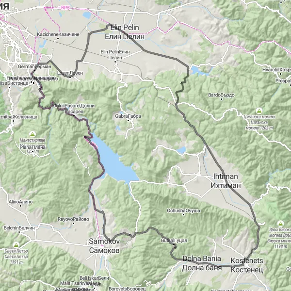 Map miniature of "Mountain Delights near Elin Pelin" cycling inspiration in Yugozapaden, Bulgaria. Generated by Tarmacs.app cycling route planner