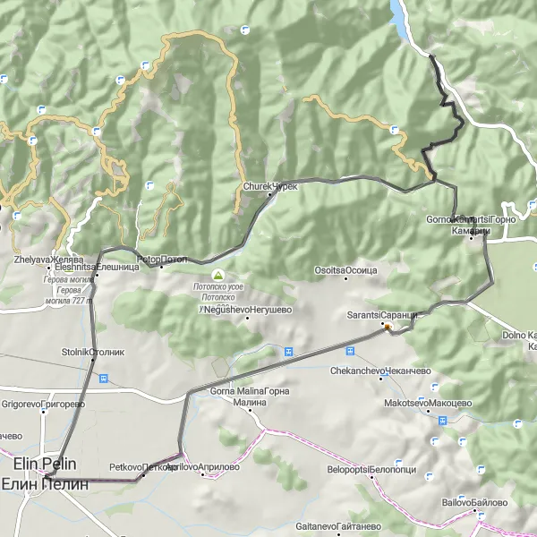 Map miniature of "Elin Pelin Loop" cycling inspiration in Yugozapaden, Bulgaria. Generated by Tarmacs.app cycling route planner