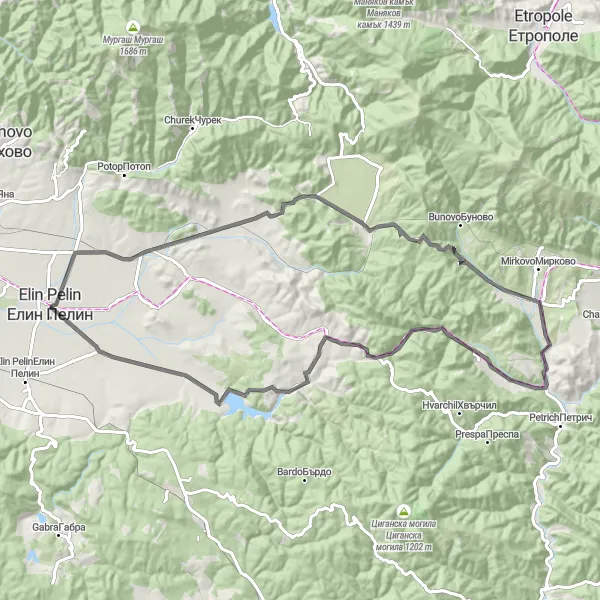 Map miniature of "Countryside Escape from Elin Pelin" cycling inspiration in Yugozapaden, Bulgaria. Generated by Tarmacs.app cycling route planner