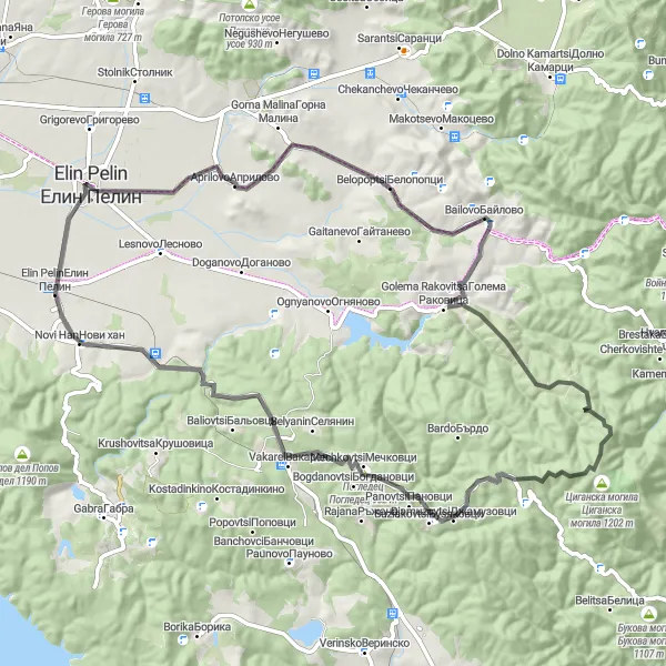 Map miniature of "Elin Pelin - Novi Han Road Cycling Route" cycling inspiration in Yugozapaden, Bulgaria. Generated by Tarmacs.app cycling route planner
