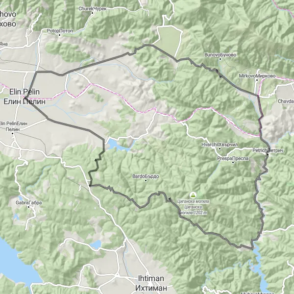 Map miniature of "Elin Pelin and Surrounding Villages" cycling inspiration in Yugozapaden, Bulgaria. Generated by Tarmacs.app cycling route planner