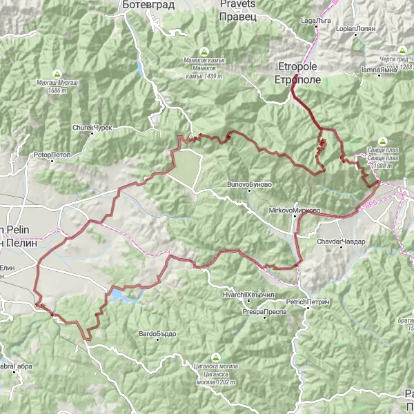 Map miniature of "The Gravel Adventure" cycling inspiration in Yugozapaden, Bulgaria. Generated by Tarmacs.app cycling route planner